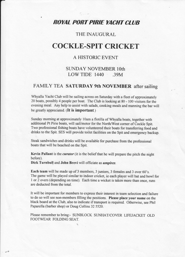 Inaugural Cockle Spit notice